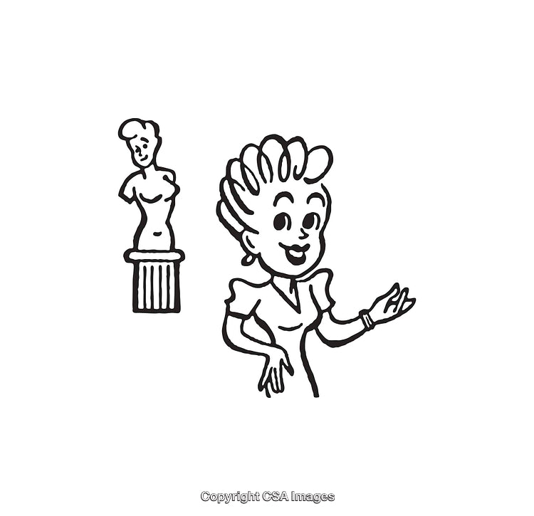 Black and White Line Art of a Woman and Statue Illustration