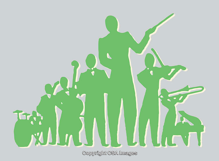 Green Line Art Illustration of a Musical Ensemble with Conductor