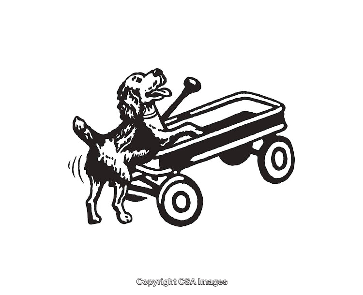 Black and White Line Art of a Dog with a Wagon