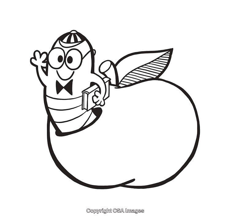 Cartoon Line Art of Apple and Friendly Worm with Book