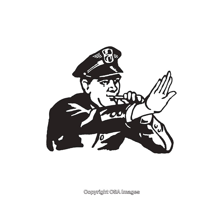 Black and White Illustration of a Whistling Police Officer Directing Traffic
