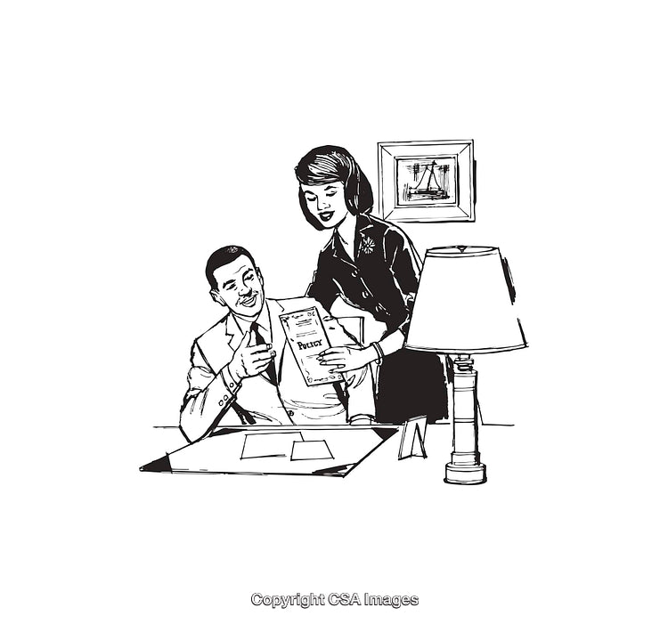 Vintage Line Art Depiction of Office Teamwork and Collaboration