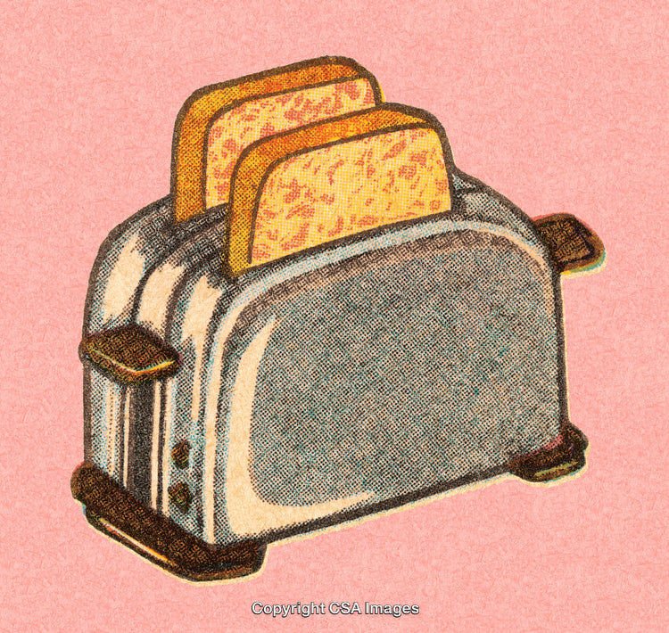 Retro Illustration Of Toaster With Toast On Pink Background