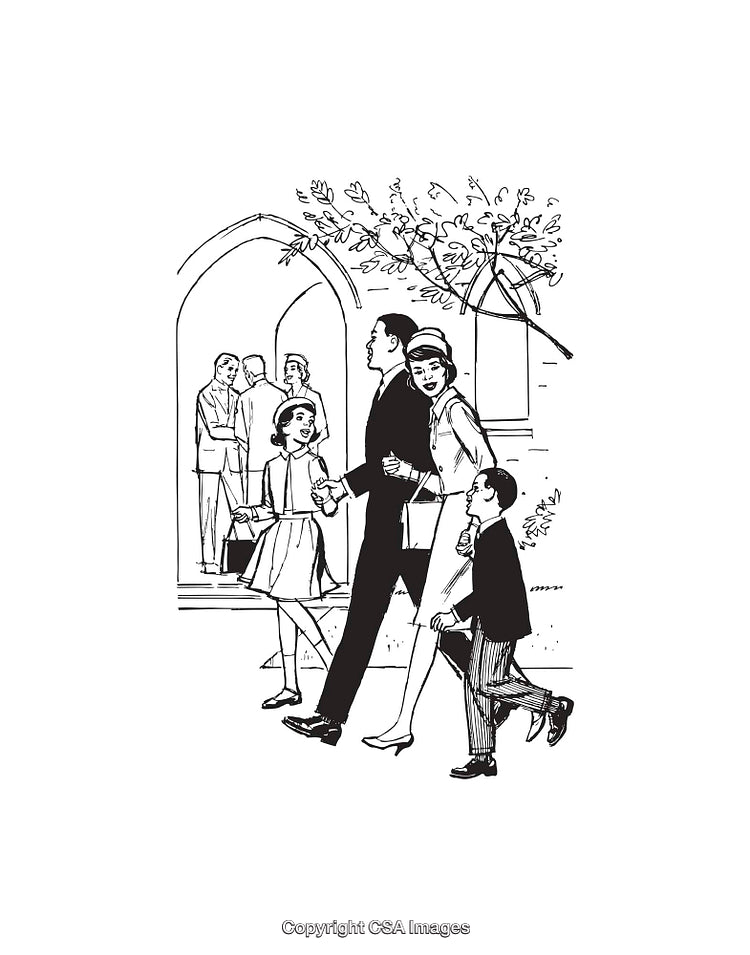 Retro Family Entering Church for Social Gathering
