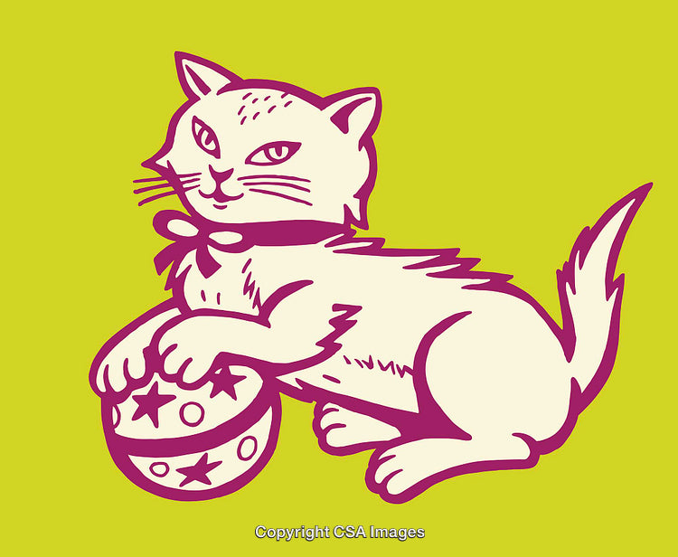 Playful Cat Illustration with Star Pattern Ball on Bright Background