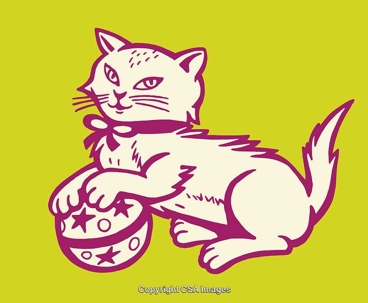 Playful Cat Illustration with Star Pattern Ball on Bright Background