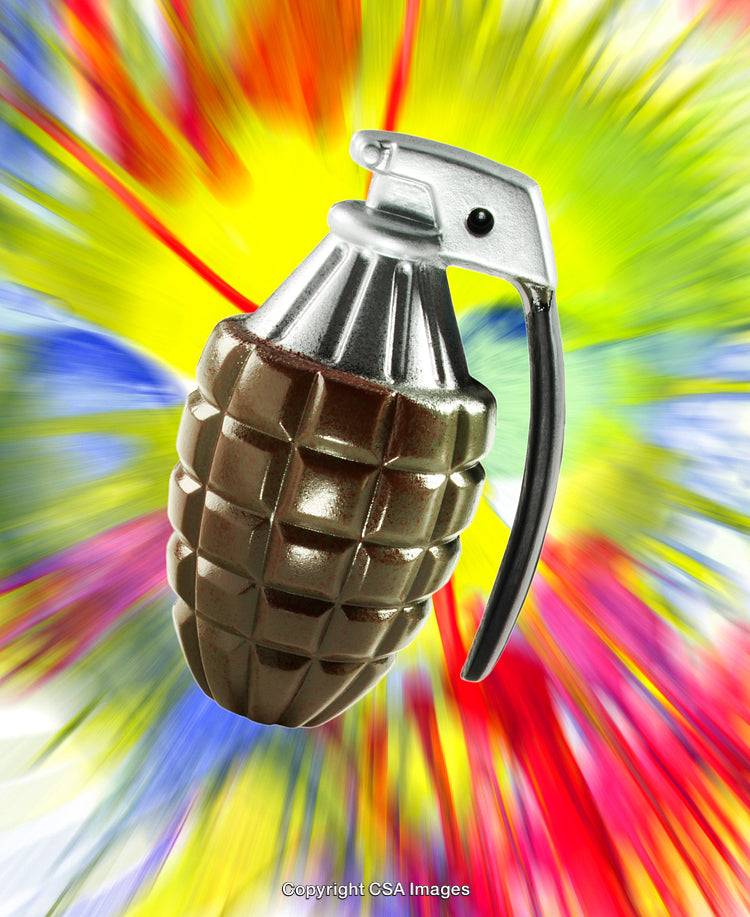 Metallic Grenade Toy with Vibrant Explosive Colorful Background