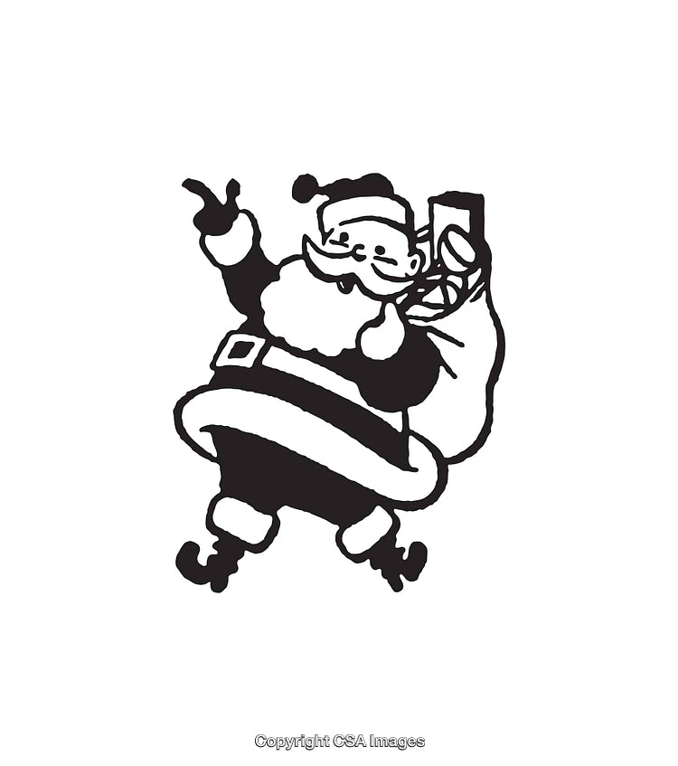 Black and White Line Art of Santa Holding a Sack and Sign