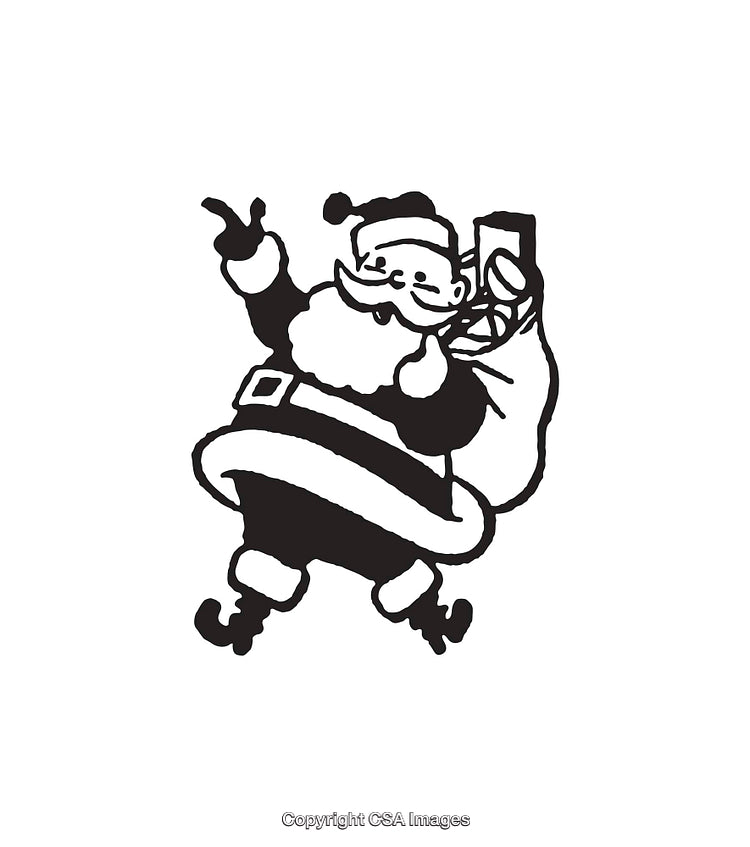 Black and White Line Art of Santa Holding a Sack and Sign