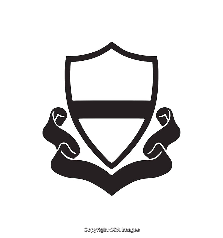 Black and White Shield Emblem with Elegant Ribbon Design