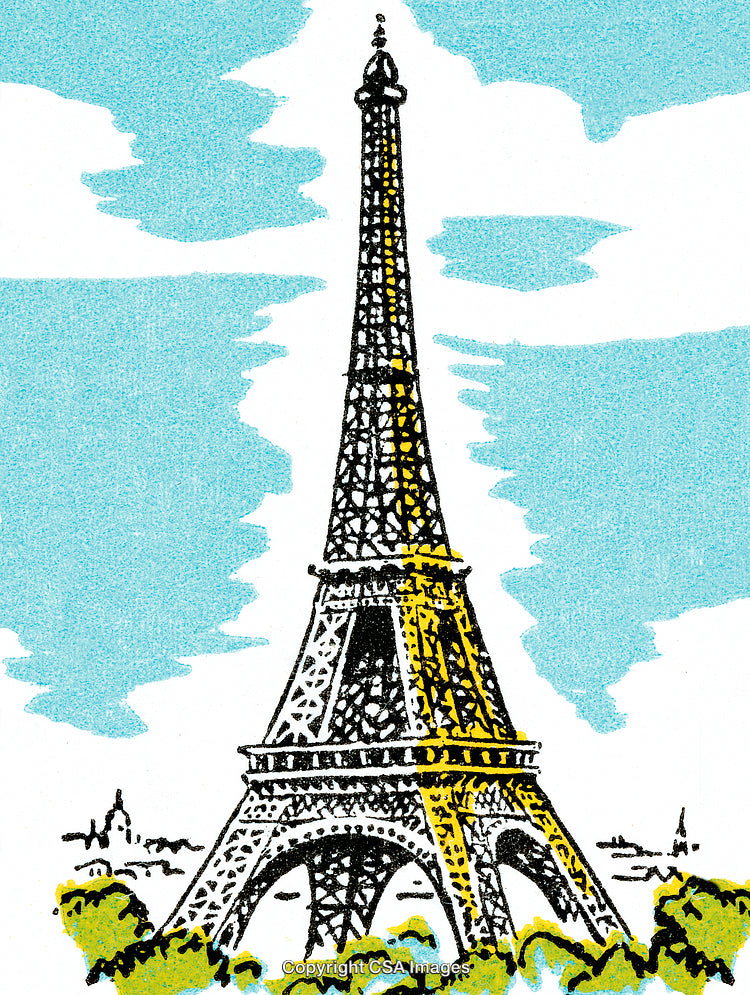 Illustrated View of the Eiffel Tower Surrounded by Green Foliage and Blue Sky