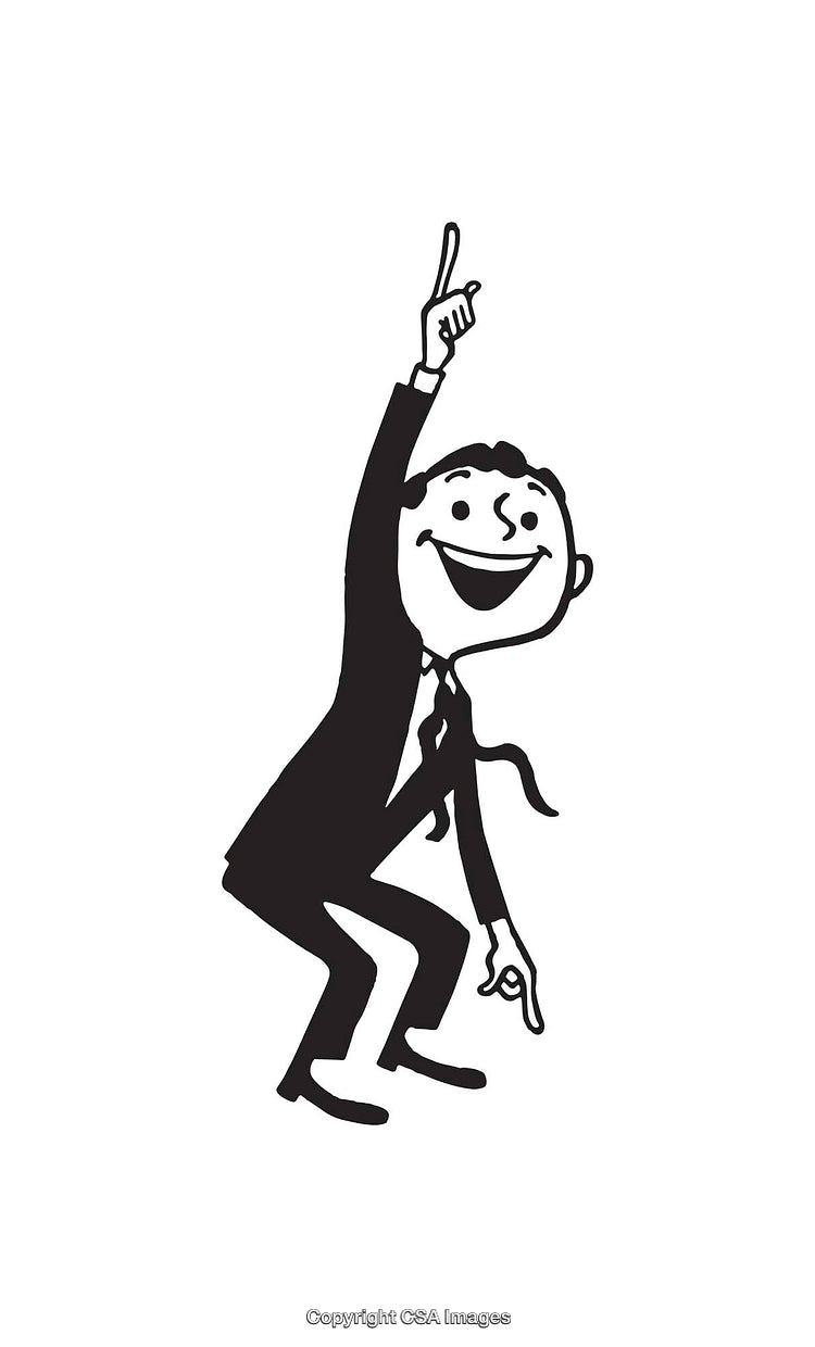 Cheerful Stick Figure Character Gesturing Excitedly in Black and White Line Art