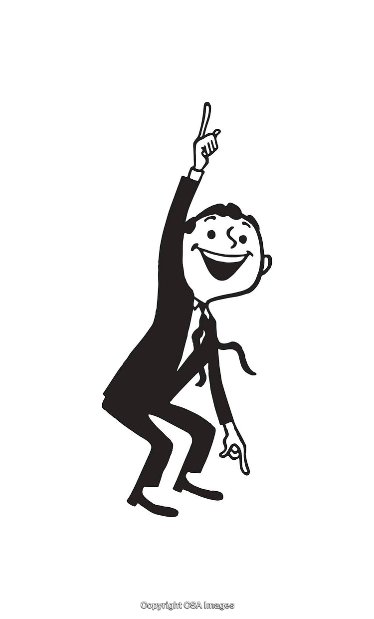 Cheerful Stick Figure Character Gesturing Excitedly in Black and White Line Art