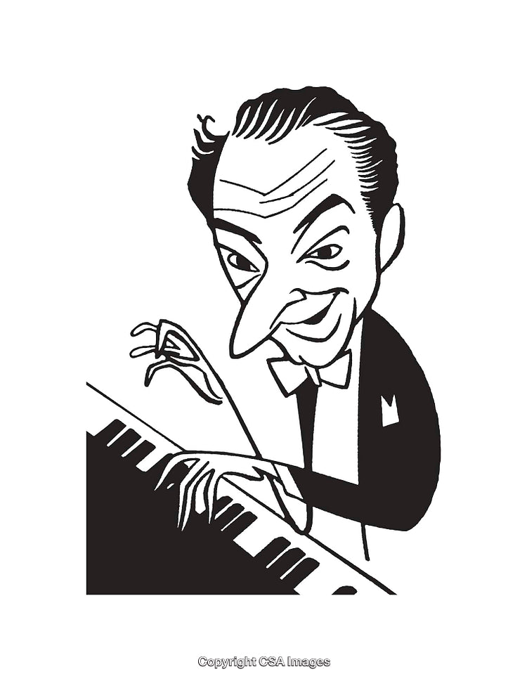 Black and White Caricature of a Piano Player with Expressive Features