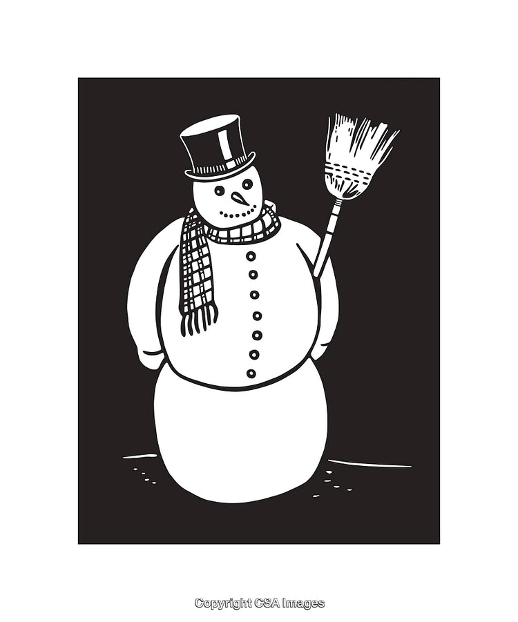 Snowman Illustration Wearing Top Hat Holding Broom in Black and White Artwork