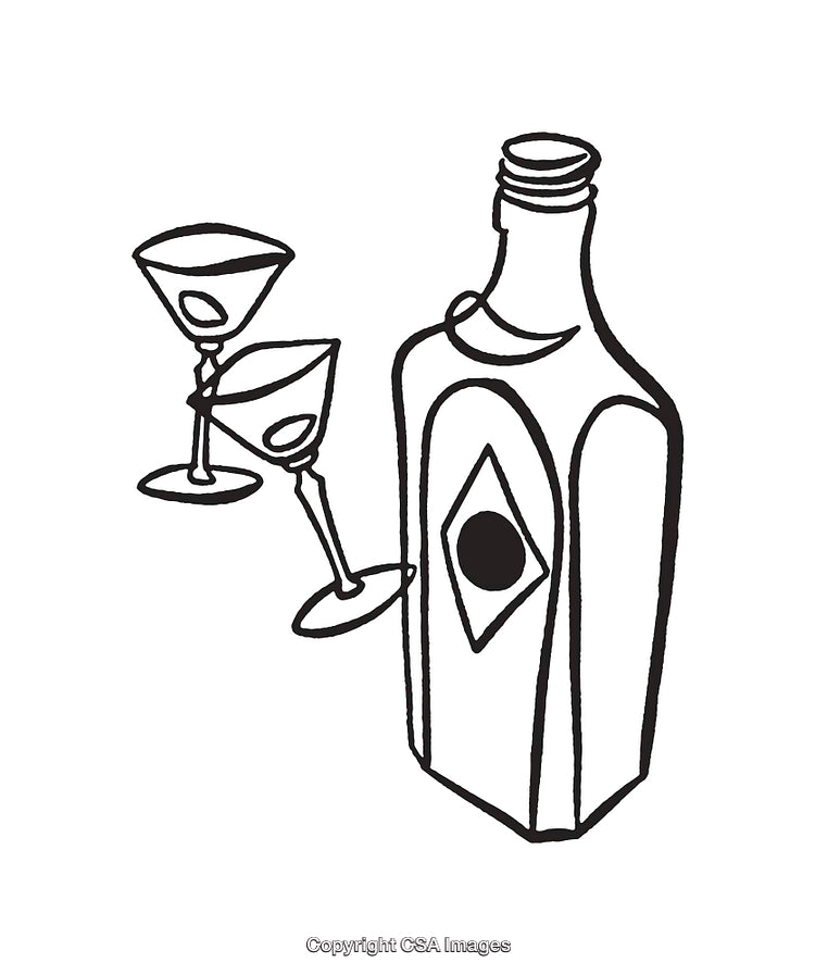 Black And White Line Art of Martini Glasses and a Liquor Bottle