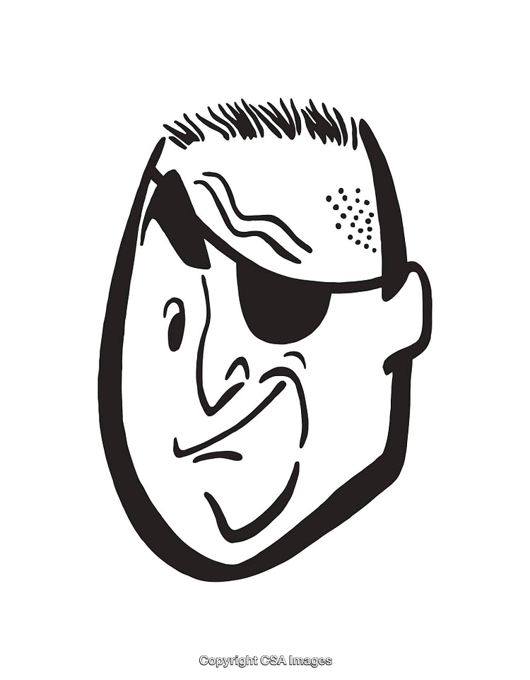 Black and White Line Art Illustration of a Character Face with Eye Patch