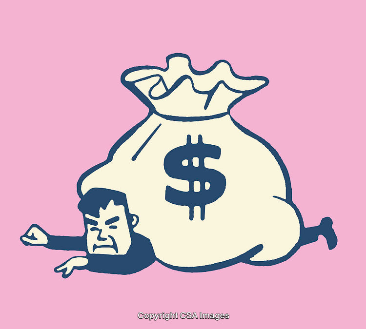 Man Struggling Under Large Bag of Money, Comic Style Illustration