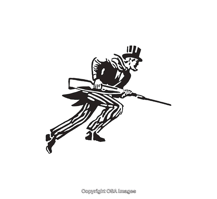 Vintage Black and White Illustration of a Man Carrying a Rifle in Action