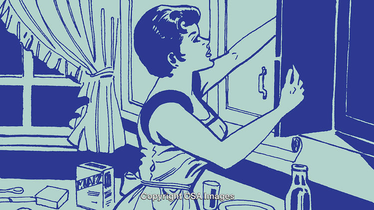 Retro Style Illustration of a Woman Organizing Kitchen Cabinets