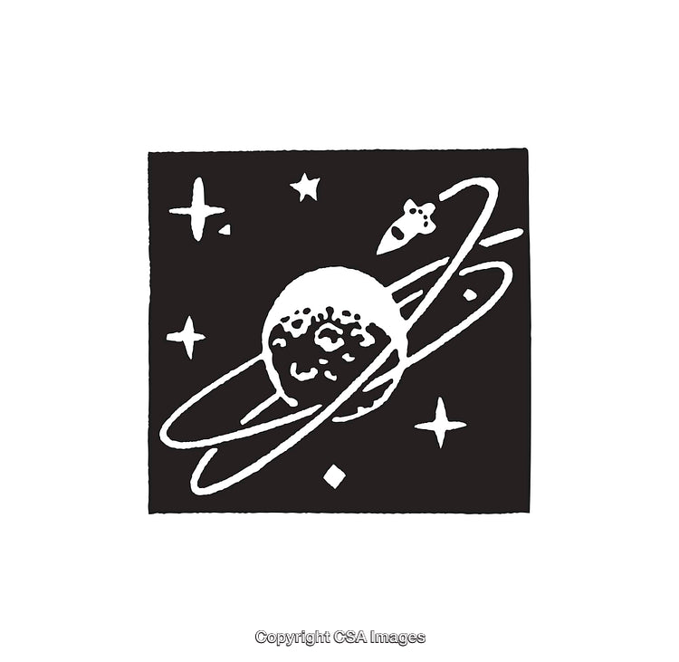Monochrome Illustration of Saturn With Stars and Rocket in Outer Space