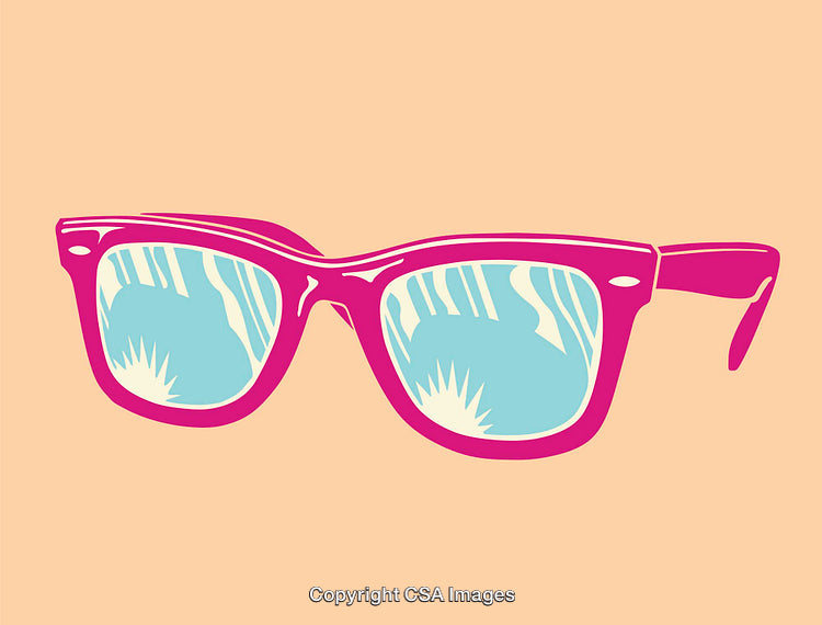 Bright Pink Sunglasses with Tropical Reflections on a Peach Background