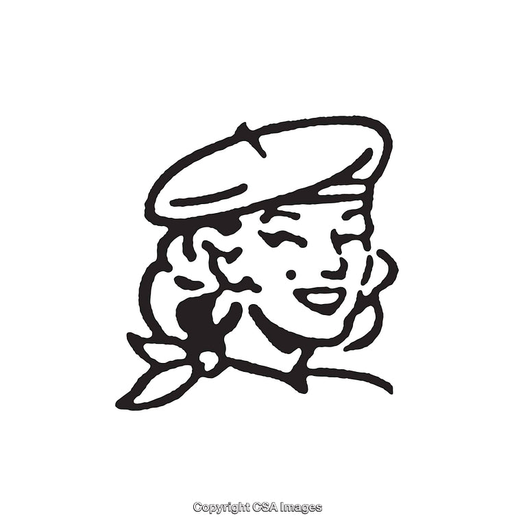 Vintage Black and White Illustration of a Smiling Woman in a Beret