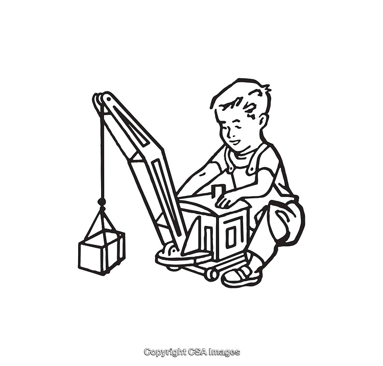 Child Playing with a Crane Toy in Line Art Style