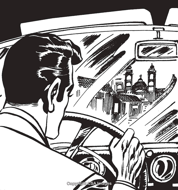 Retro Styled Illustration of a Driver Looking Through a Car Windshield