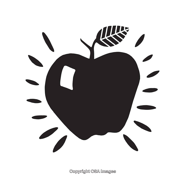 Black and White Line Art Illustration of an Apple with Decorative Elements