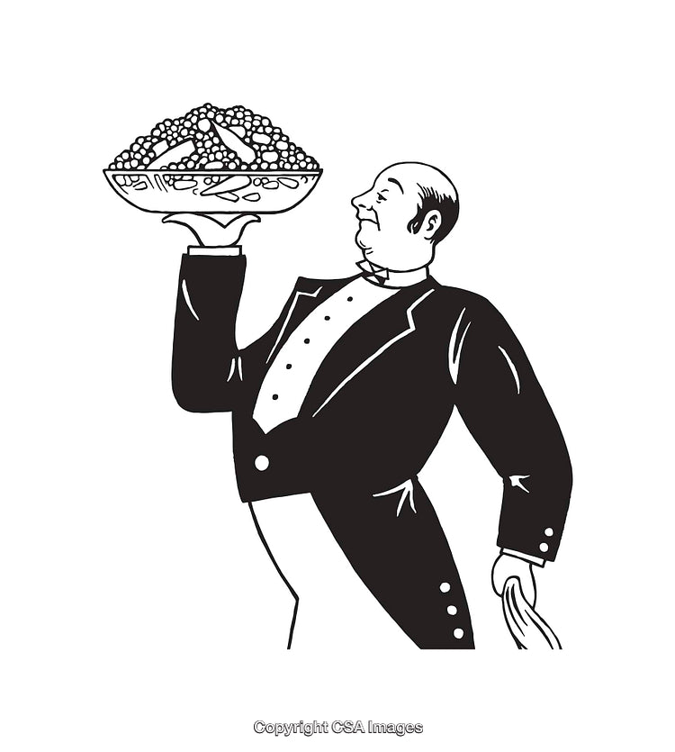 Black and White Illustration of Elegant Butler Holding a Bowl of Food
