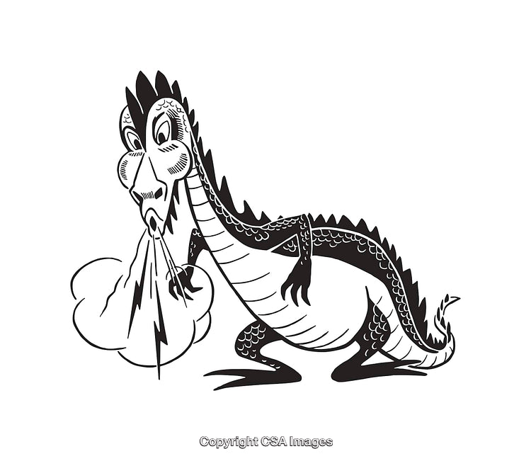 Stylized Black and White Line Art of a Fire-Breathing Dragon