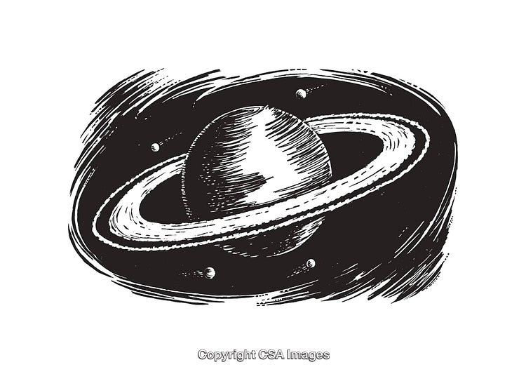 Hand-Drawn Black and White Illustration of Saturn with Its Rings