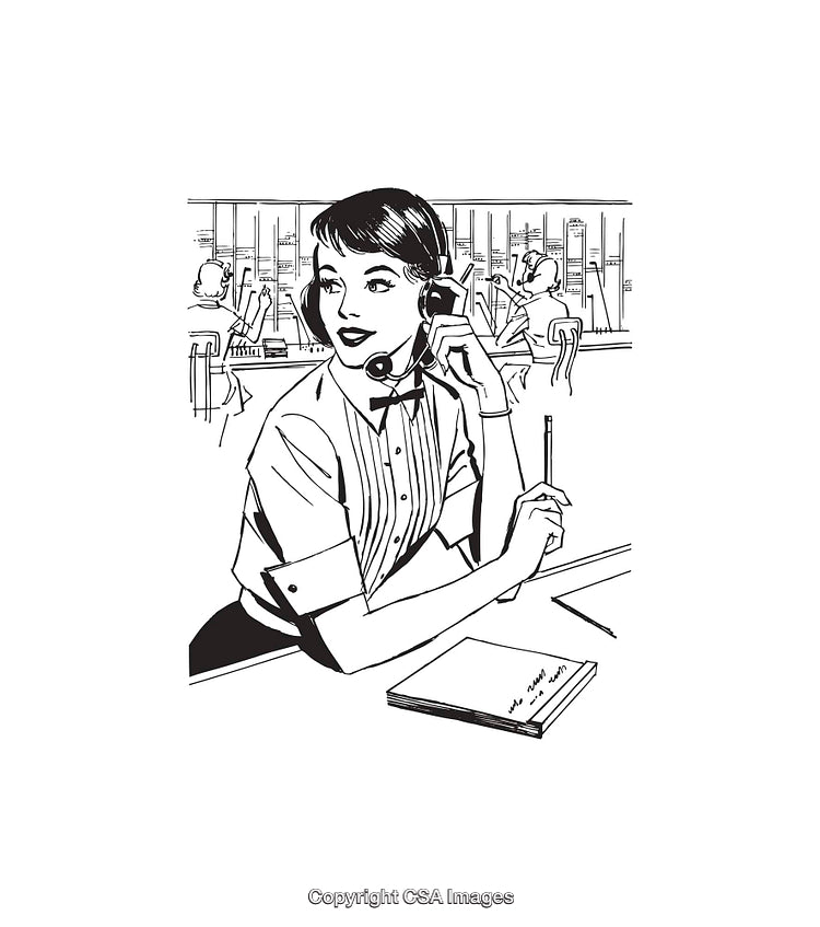 Vintage Line Art of a Telephone Operator in a Call Center