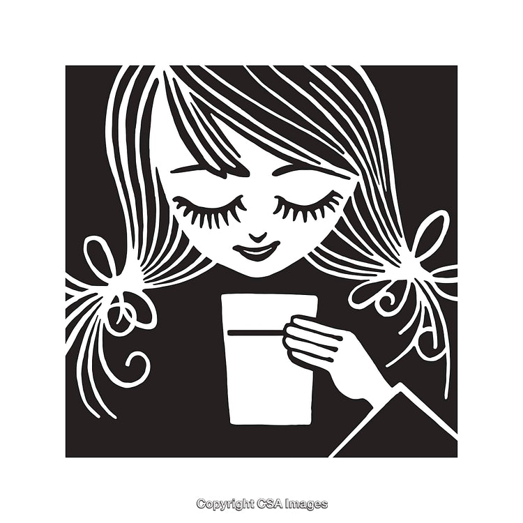 Black and White Line Art of Woman Holding a Cup