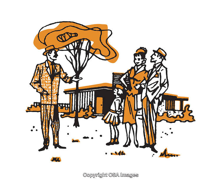 Retro Styled Illustration of Family Viewing a Suburban Home with a Realtor