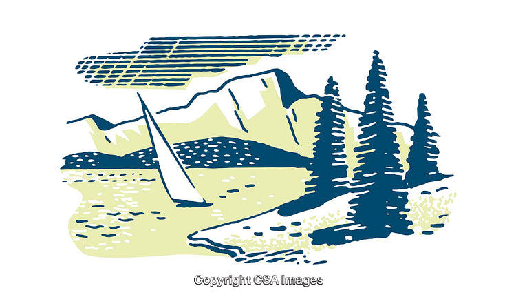 Colorful Illustration of a Scenic Mountain Lake with Sailboat and Pine Trees
