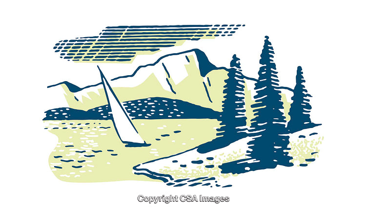 Colorful Illustration of a Scenic Mountain Lake with Sailboat and Pine Trees
