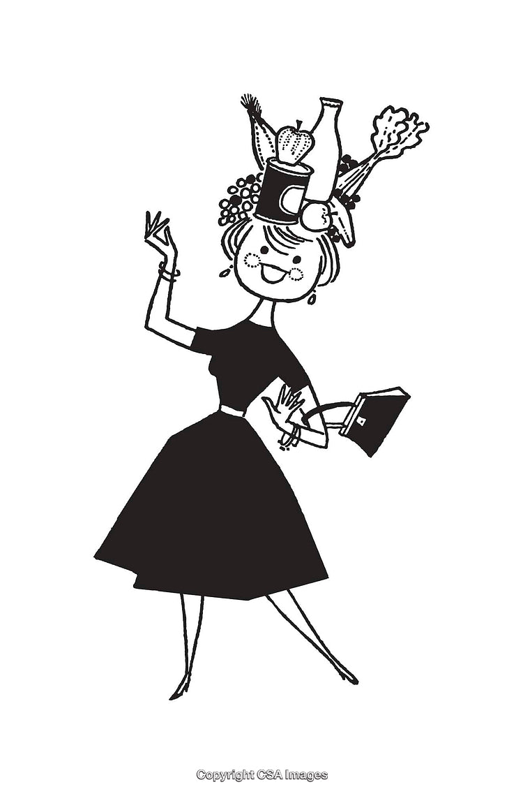 Whimsical Lady Holding a Book with Food Items on Her Head