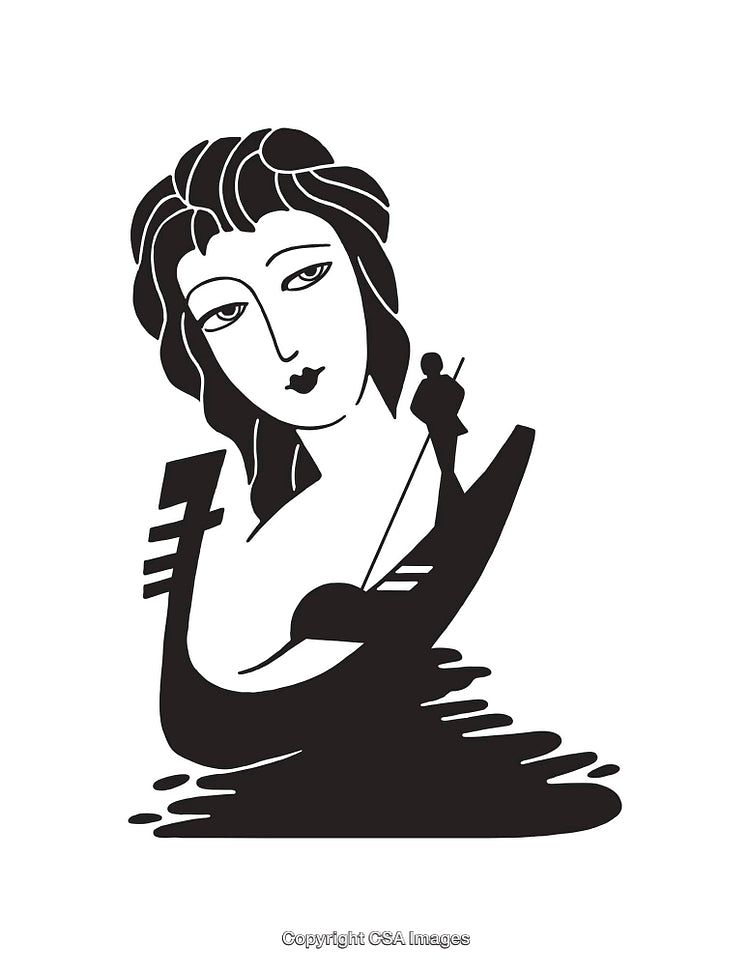 Abstract Black and White Line Art of Woman With Musical Element
