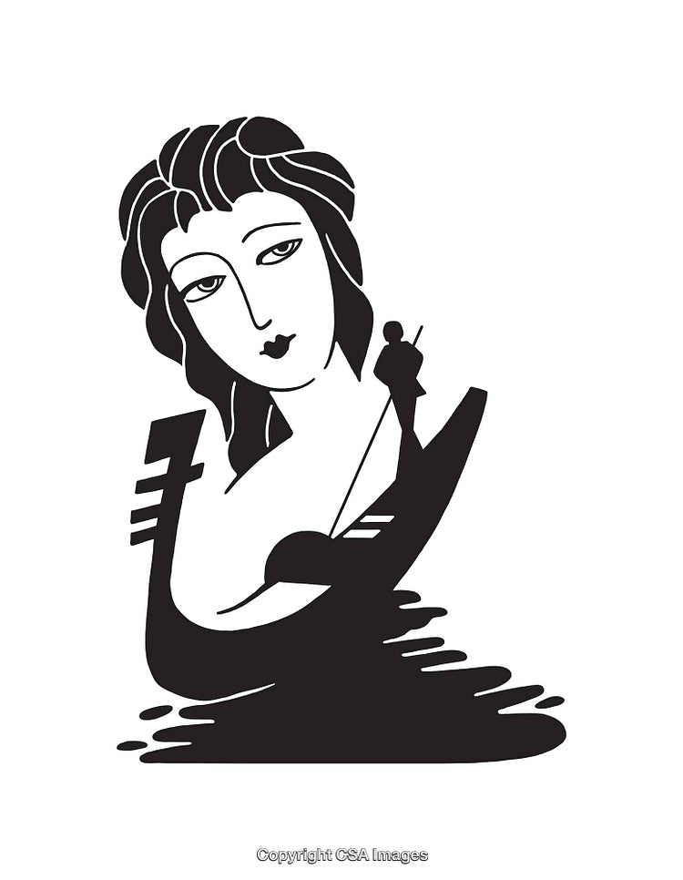 Abstract Black and White Line Art of Woman With Musical Element