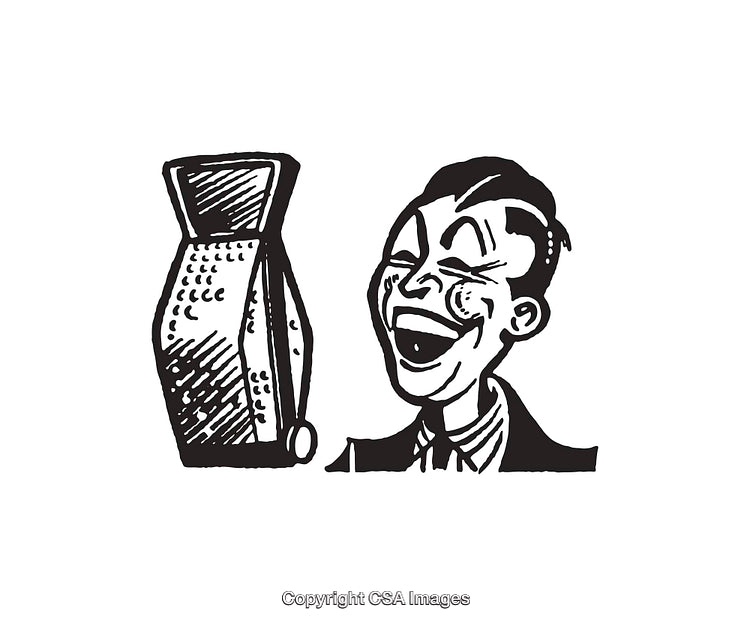 Black and White Illustration of a Laughing Man and Accordion