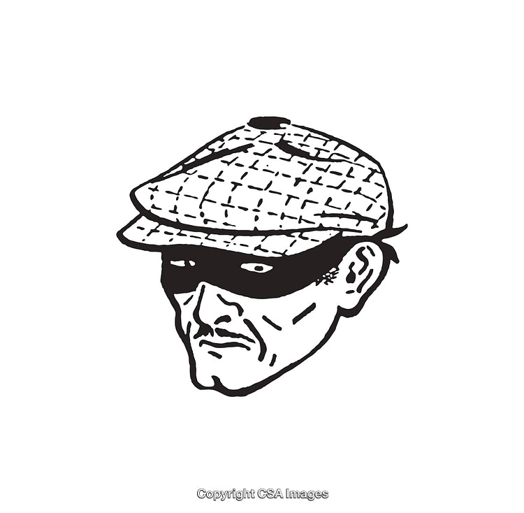 Black and White Line-Art Illustration of Masked Man in Plaid Cap