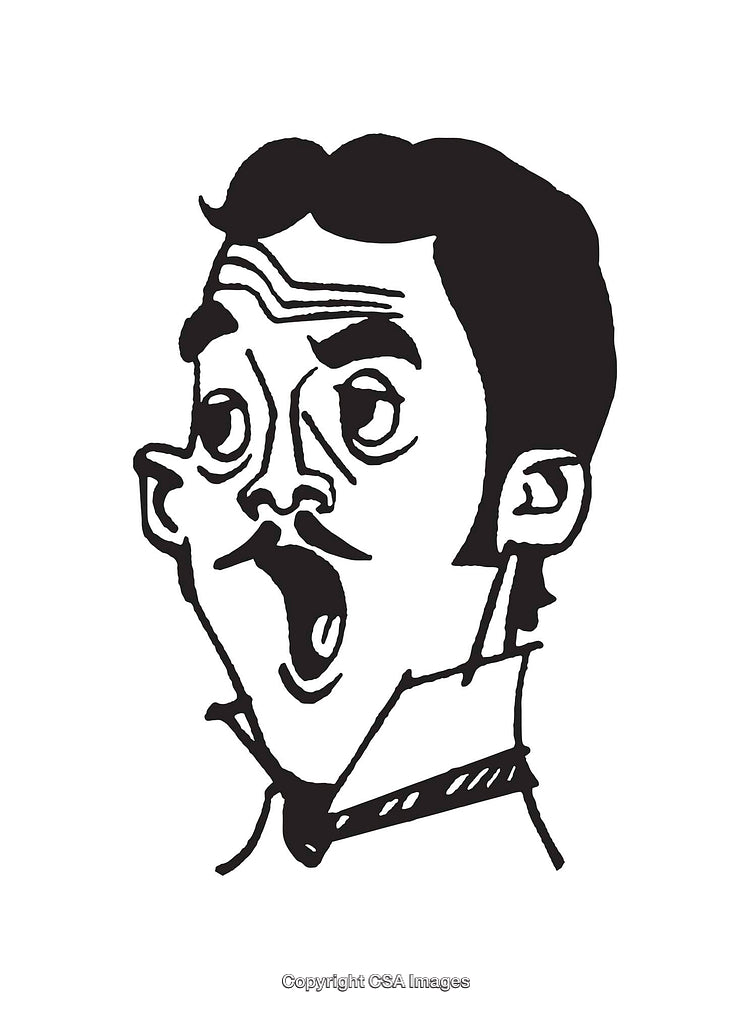 Vintage Black and White Cartoon of Surprised Mustachioed Man Drawing