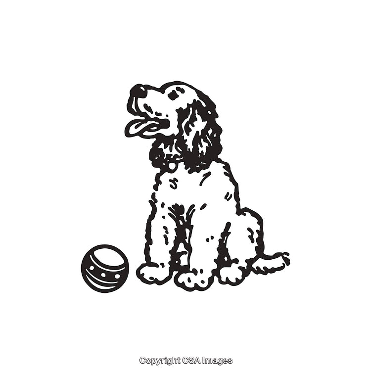Black and White Line Art Illustration of a Dog with Ball