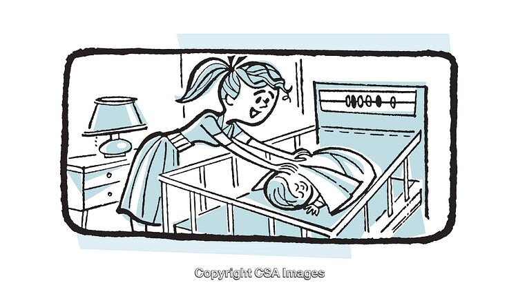 Caring Mother Tucking Child Into Bed in Retro Illustration Style