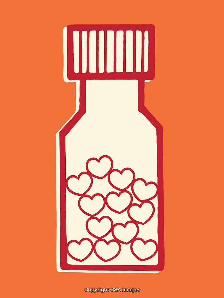 Illustration of a Bottle Filled with Heart Symbols on Orange Background