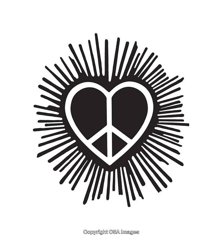 Heart-Shaped Peace Symbol With Sunburst Illustration in Black and White