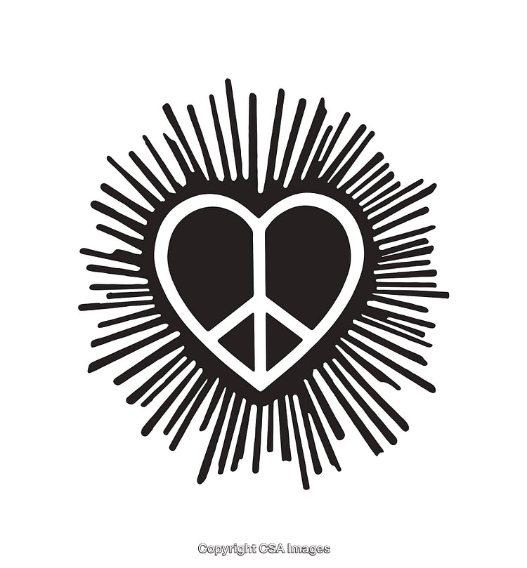 Heart-Shaped Peace Symbol With Sunburst Illustration in Black and White