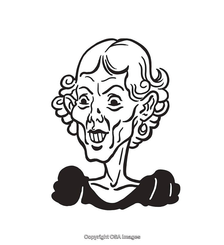 Black and White Illustrative Cartoon of an Elderly Character with Unique Expression